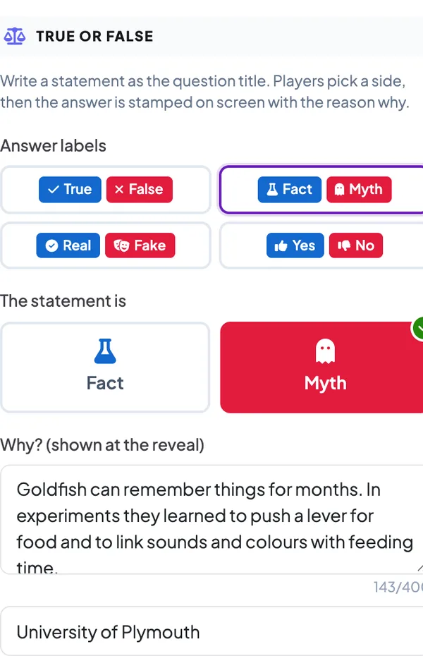Cài đặt True hoặc False trong bảng điều khiển bên phải