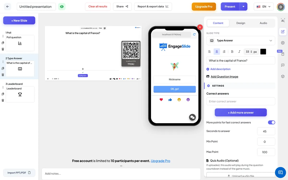 The <b>Type Answer</b> editor — slide list, live screen with join code & QR, and the content panel