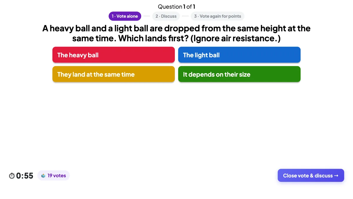 Step 1: everyone votes alone — no counts and no right answer on screen