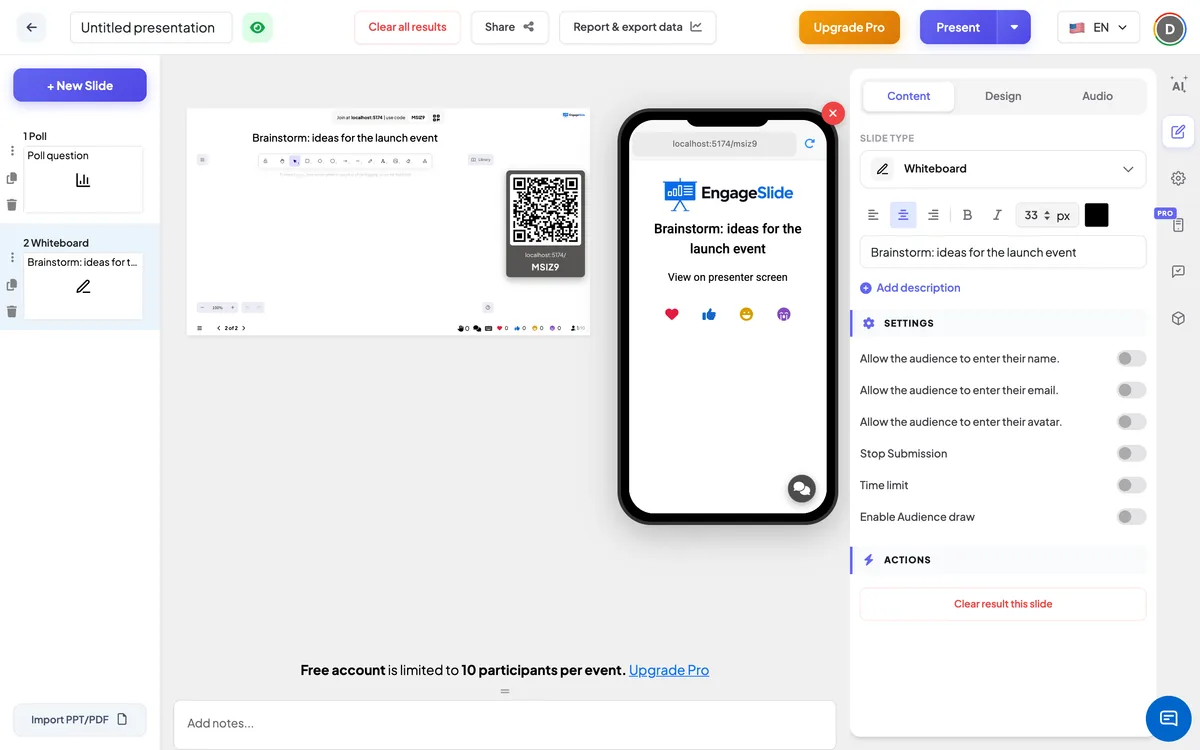 The <b>Whiteboard</b> editor — slide list, live screen with join code &amp; QR, and the content panel