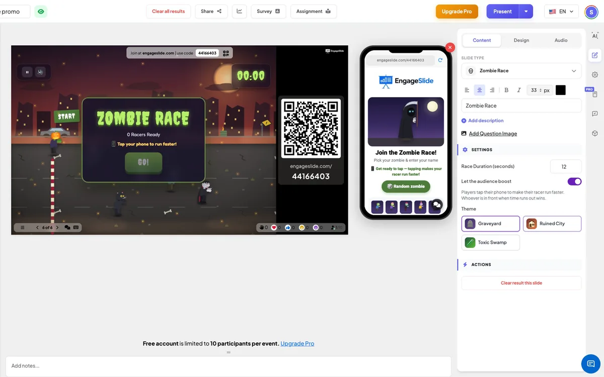 قائمة النقطات <b> Zombie Race </b> محرر —، الشاشة الحية مع رمز الانضمام و QR، و لوحة المحتوى