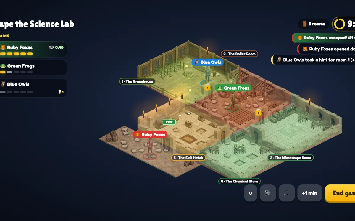 Escape Room slide vises live på præsentationsskærmen i EngageSlide