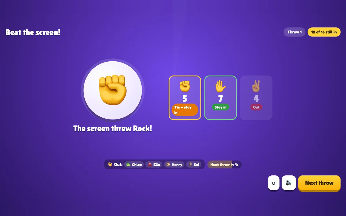 Rock Paper Scissors slide vist live på præsentationsskærmen i EngageSlide